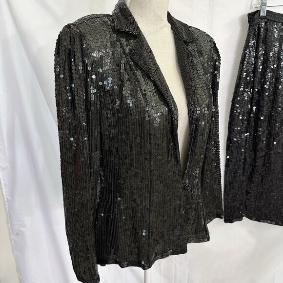 LILLIE RUBIN Black Sequin 100% Silk JACKET SKIRT SUIT VINTAGE 1990s Medium Set - Picture 5 of 8
